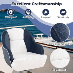 Captain Bucket Seat Pontoon Boat Chair with PVC Leather and Armrests-Blue
