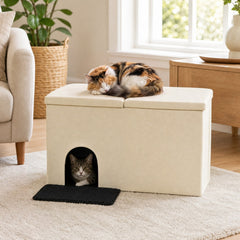 3-in-1 Cat Litter Box Enclosure with Removable & Movable Divider for Pets-Beige
