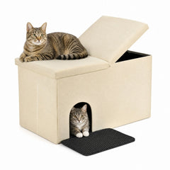 3-in-1 Cat Litter Box Enclosure with Removable & Movable Divider for Pets-Beige