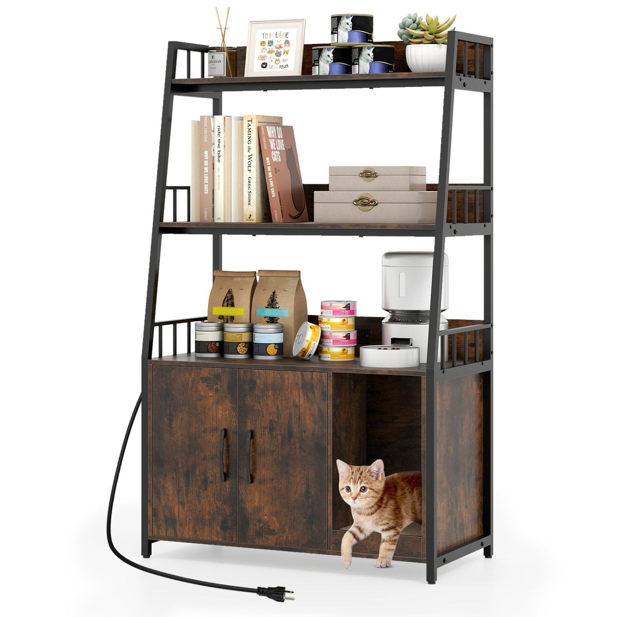 Cat Litter Box Enclosure with Storage Shelves and Scratching Pad-Rustic Brown