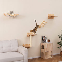 Four Piece Cat Wall Set with a Linen Hammock, Sisal Stairs and a Perch