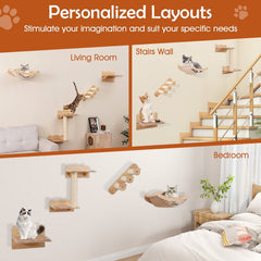 Four Piece Cat Wall Set with a Linen Hammock, Sisal Stairs and a Perch