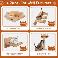 Four Piece Cat Wall Set with a Linen Hammock, Sisal Stairs and a Perch