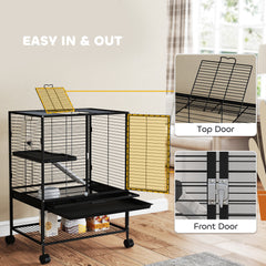 Rolling Small Animal Cage 34"H Chinchilla Cage for Ferrets, Squirrels w/ Removable Tray, Storage Shelf, Black