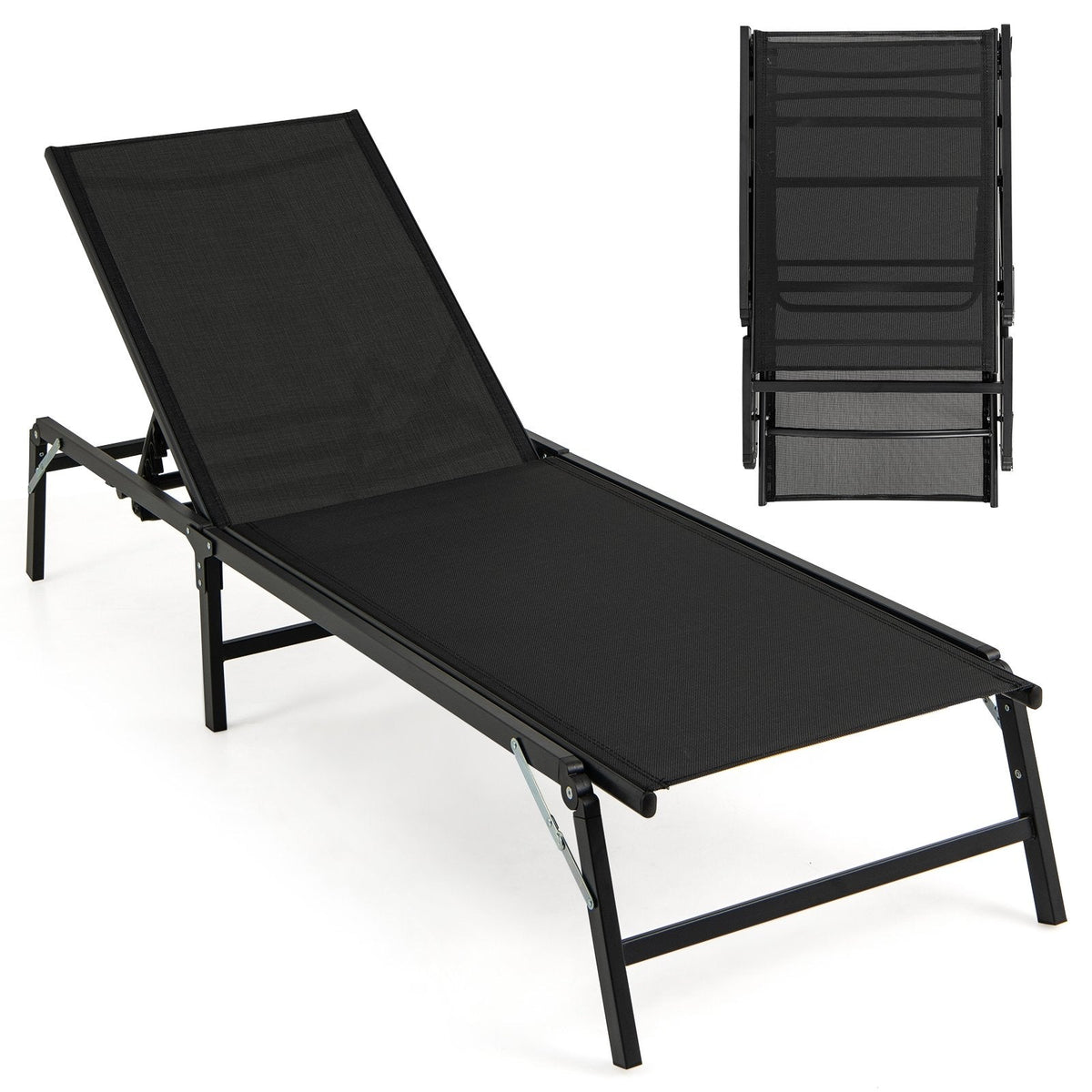 Set of 2 Foldable Chaise Lounges with 5 Level Backrests to Flat, Black