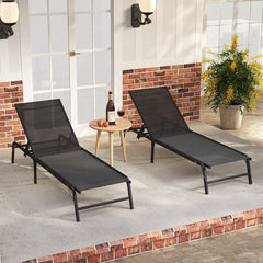 Set of 2 Foldable Chaise Lounges with 5 Level Backrests to Flat, Black