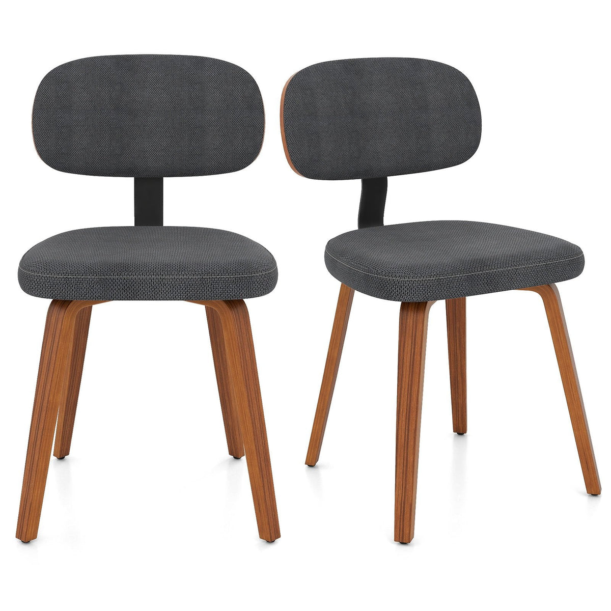 Set of 2 Chenille Dining Chairs, Dark Grey with Walnut Tone Bentwood Legs and Black Metal Back Bracket