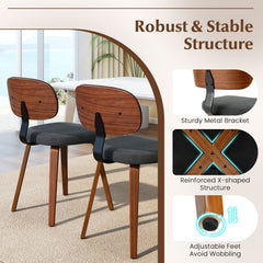 Set of 2 Chenille Dining Chairs, Dark Grey with Walnut Tone Bentwood Legs and Black Metal Back Bracket