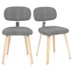 Set of 2 Chenille Dining Chairs, Light Grey with Natural Bentwood Legs and Silver Metal Back Bracket