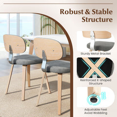 Set of 2 Chenille Dining Chairs, Light Grey with Natural Bentwood Legs and Silver Metal Back Bracket