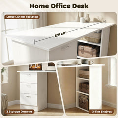 Computer Desk, 47" Writing Table with 3-Tier Shelves and 3 Reversible Drawers for Home Office, Bedroom, Black