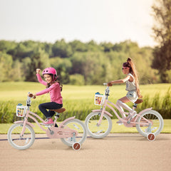 18 Inch Kids Bike with Front Handbrake and Rear Coaster Brake, Basket and Bell, Pink