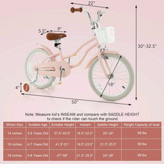 18 Inch Kids Bike with Front Handbrake and Rear Coaster Brake, Basket and Bell, Pink
