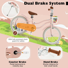 18 Inch Kids Bike with Front Handbrake and Rear Coaster Brake, Basket and Bell, Pink
