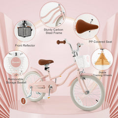 18 Inch Kids Bike with Front Handbrake and Rear Coaster Brake, Basket and Bell, Pink