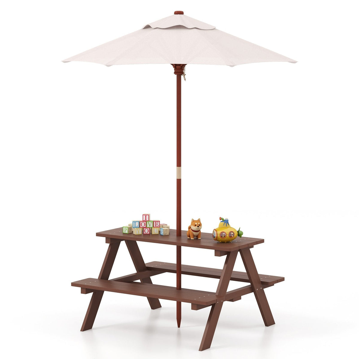 Wooden Kids Picnic Table with Bench Seats and Removable Umbrella, 4 Seats, Fir Wood