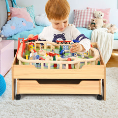 Kids Wooden Train Set Table with 100 Multicolor Pieces and Lockable Wheels
