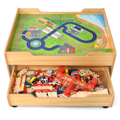 Kids Wooden Train Set Table with 100 Multicolor Pieces and Lockable Wheels