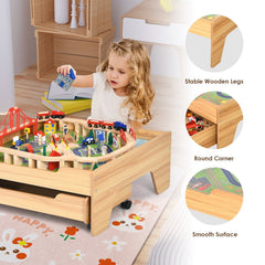 Kids Wooden Train Set Table with 100 Multicolor Pieces and Lockable Wheels