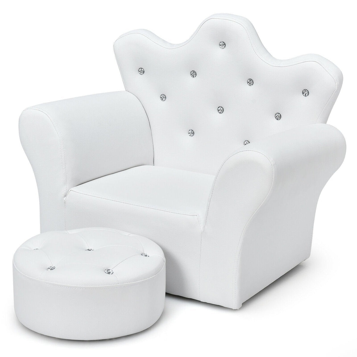 Kids Upholstered Princess Chair with Ottoman, Gem Buttons in White