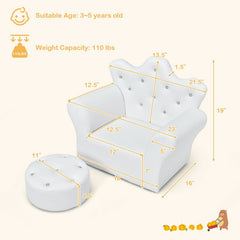Kids Upholstered Princess Chair with Ottoman, Gem Buttons in White