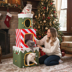 47 Inch Christmas Gift Box Cat Tower with Three Stacked Condos