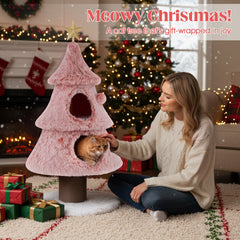 48.5 Inch Pink Christmas Tree Cat Tower with Two Condos and a Jute Post