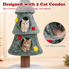 50 Inch Christmas Tree Cat Tower with Two Enclosed Condos and a Star Toy