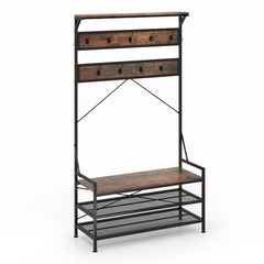 Coat Rack 4-In-1 Hall Tree with 11 Hanging Hooks Shoe Bench-Rustic Brown