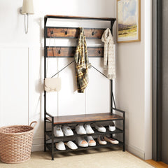 Coat Rack 4-In-1 Hall Tree with 11 Hanging Hooks Shoe Bench-Rustic Brown