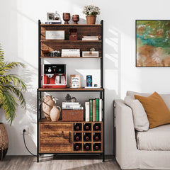 Coffee Bar Cabinet with S-Shaped Hooks and Wine Bottle Holders-Rustic Brown