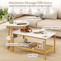 Coffee Table 2-Tier Rectangle Coffee Table and Side End Table with Storage Shelves-White and Golden