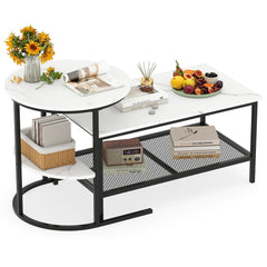 Coffee Table Set of 2 2-Tier Rectangle Coffee Table and Side End Table with Storage Shelves-White