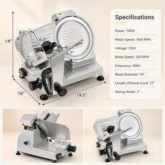 Commercial Meat Slicer with 10 inches Carbon Steel Blade and 0-0.47 inches Adjustable Thickness for Frozen Meat Cheese-Silver