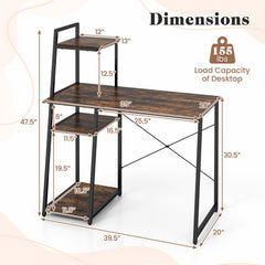 Computer Desk with Shelves and 3-Tier Storage Bookshelf-Brown