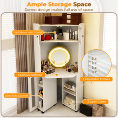 Compact Dressing Corner Vanity Desk with Mirror and Lights-White