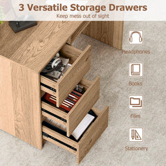Computer Desk with Power Outlet Keyboard Tray and 3 Large Drawers-Natural