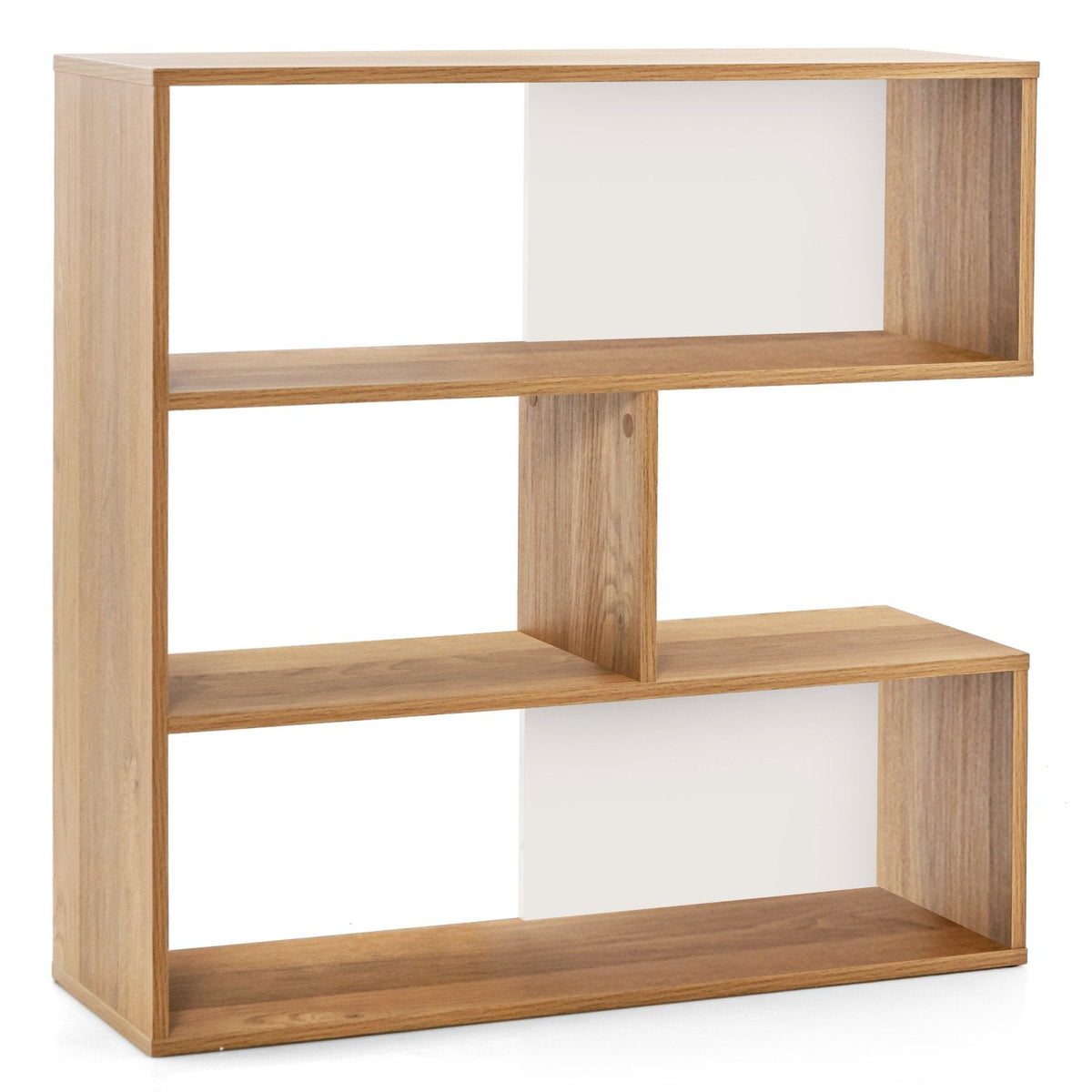 Concave 3 Shelf Bookcase in Natural Wood, 33 Inch Geometric Open Bookshelf with Wall Anchors
