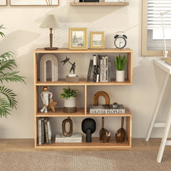 Concave 3 Shelf Bookcase in Natural Wood, 33 Inch Geometric Open Bookshelf with Wall Anchors