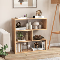 Concave 3 Shelf Bookcase in Natural Wood, 33 Inch Geometric Open Bookshelf with Wall Anchors