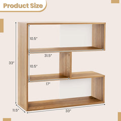 Concave 3 Shelf Bookcase in Natural Wood, 33 Inch Geometric Open Bookshelf with Wall Anchors