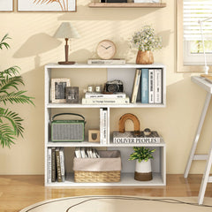Concave Bookshelf with 3 Open Shelves & Anti-Toppling Device for Living Room-White