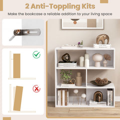 Concave Bookshelf with 3 Open Shelves & Anti-Toppling Device for Living Room-White