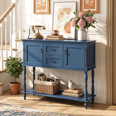 Console Table with 2 Drawers and 2 Door Cabinets and Bottom Storage Shelf-Blue