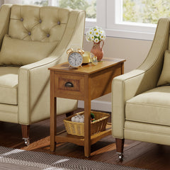 Chairside End Table with Drawer and Open Shelf, Warm Oak Toned Wood