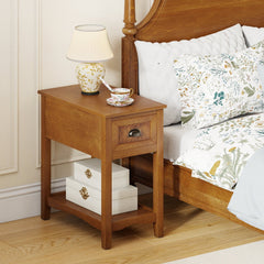 Chairside End Table with Drawer and Open Shelf, Warm Oak Toned Wood