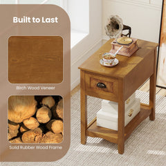 Chairside End Table with Drawer and Open Shelf, Warm Oak Toned Wood