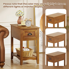 Chairside End Table with Drawer and Open Shelf, Warm Oak Toned Wood