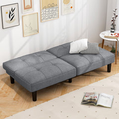 Convertible Futon Sofa Bed with 6 Position Backrest, 64 in Wide, Solid Wood Frame and Springs, Grey