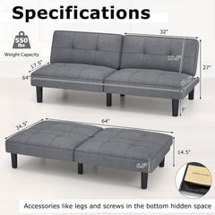 Convertible Futon Sofa Bed with 6 Position Backrest, 64 in Wide, Solid Wood Frame and Springs, Grey